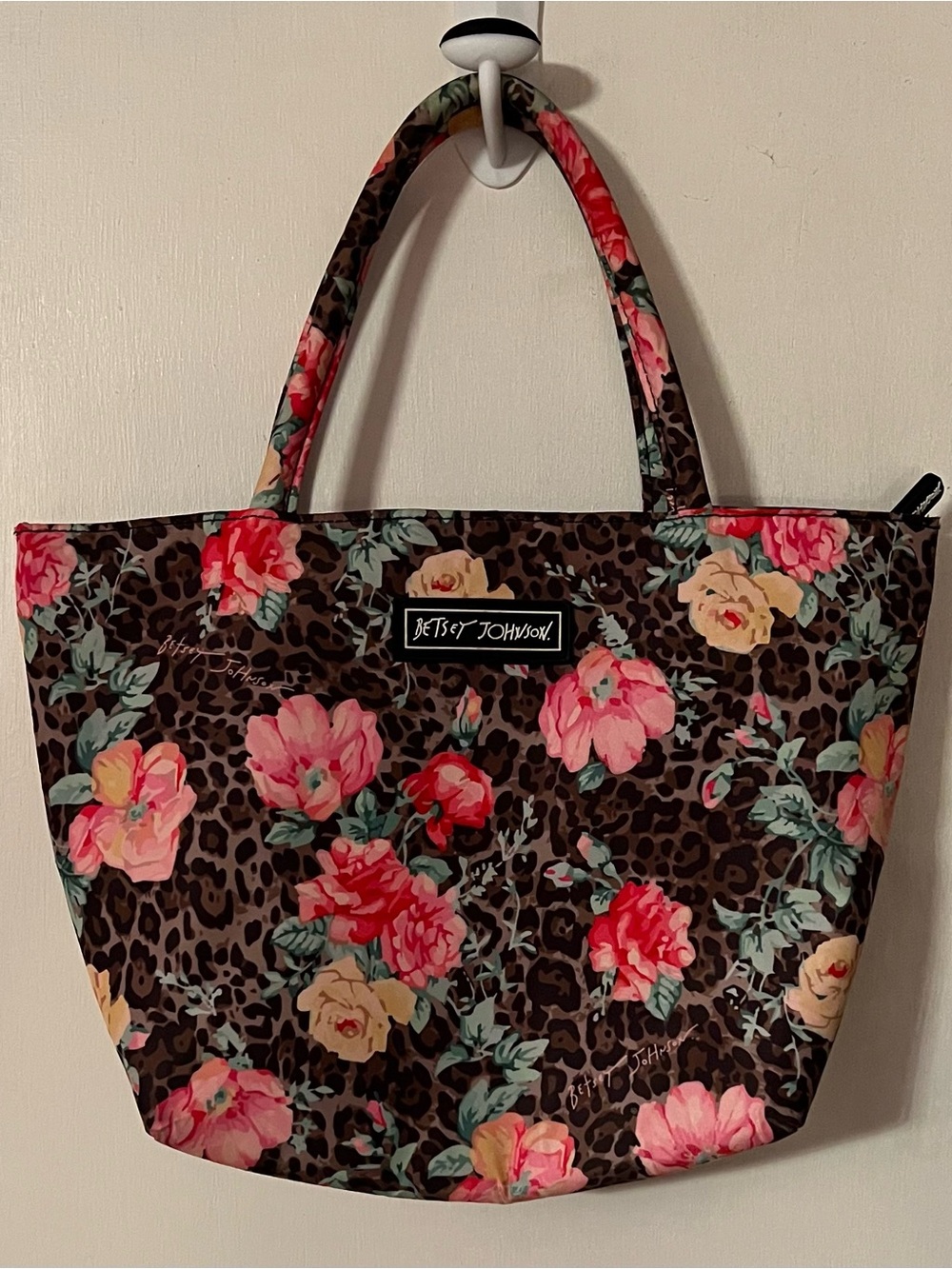 Betsey Johnson Brown Leopard Tote Lunch Bag with Pink & Yellow Floral Print 🐆🌸